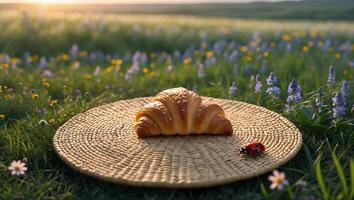 Delicious Croissant on Woven Mat in a Field of Wildflowers photo
