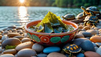 Leaves Floating in Bowl at Lakeside with Turtle Figurines Around photo
