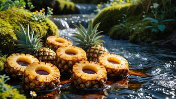 Pineapple Slices in Water with Mossy Rocks and Small Waterfalls photo