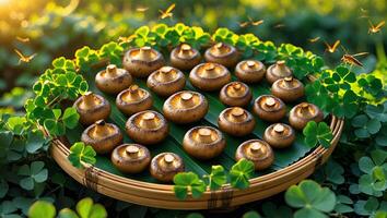 Mushrooms Arranged on a Woven Tray with Clover Leaves Decorating photo