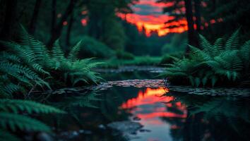 Ferns by Forest Pond Reflecting Vivid Sunset Sky and Dark Trees photo