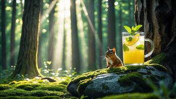 Squirrel Looking at Lemonade Drink in Forest Sunlight Setting photo
