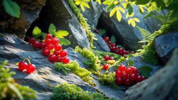 Red Currants on Rocky Surface with Moss and Leafy Greens photo