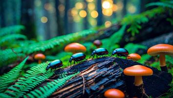 Beetles Walking on Fallen Log in Forest with Mushrooms and Ferns photo