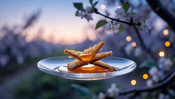 Serving Sweet Pastries with Drizzled Syrup in a Blossoming Garden photo