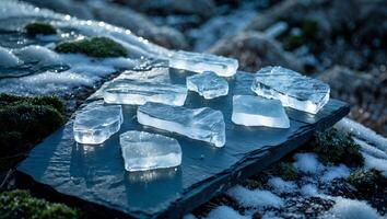 Ice Pieces Displayed on Slate with Snowy Moss Background photo