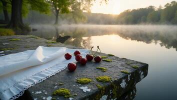 Cherries on Stone Ledge by Misty Lake at Sunrise photo