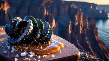 Cactus with Caramel and Salt on Wooden Board at Sunset Cliffs photo
