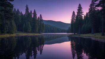 Calm Lake Reflecting Evergreen Forest at Twilight with Gradient Sky photo