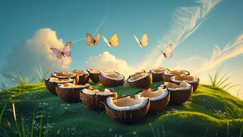 Coconuts Scattered on Grassy Hill with Butterflies Flying Above Them photo