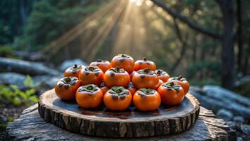 Arrangement of Persimmons on Wood Slab in Sunlit Forest Setting photo