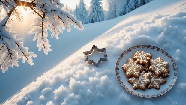 Preparing Snowflake Cookies in Winter Wonderland Scene with Icing and Sunlight photo