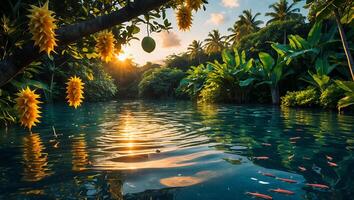 Tranquil Tropical Pond Reflecting Sunset with Exotic Plants and Fish photo