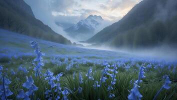 Bluebells Blooming in Mountain Valley with Foggy Landscape Scenery photo