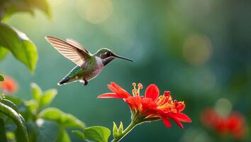 Hummingbird Hovering Near Red Flower in Sunlight Close Up View photo