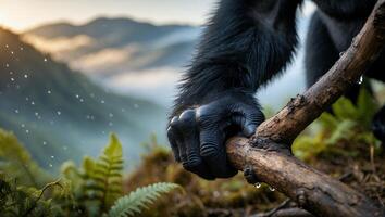 Hand Holding Branch on Misty Mountain Slope Wildlife Nature Scene photo