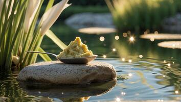Serving of Food on Spoon Placed Atop Rock in Pond photo