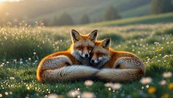 Two Foxes Cuddling in a Flower Meadow at Golden Hour photo