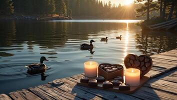 Ducks Swimming on Lake with Chocolates and Candles on Dock photo