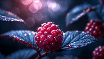 Raspberry Bush with Leaves in the Garden with Bokeh Lights photo