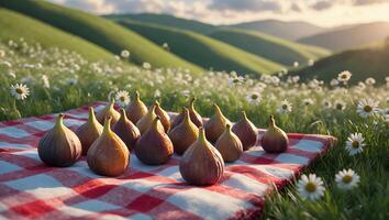 Arrangement of Figs on Picnic Blanket in Grassy Meadow Landscape photo