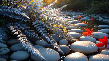 Ferns Growing Beside a Rocky Stream with Red Leaves in Autumn photo