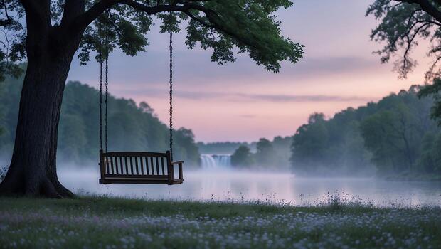 Swing Hanging From Tree Overlooking Misty River with Distant Waterfall photo