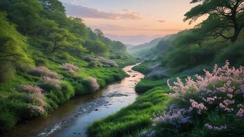 Scenic River Flowing Through Lush Green Valley with Pink Flowers photo