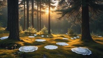 Sunlight Streaming Through Forest with Decorative Cloths and Mushrooms photo