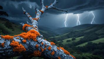 Dramatic Lightning Strikes Over Green Hills with Unique Tree Branch photo