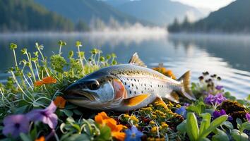 Lying Fish with Flowers Near a Peaceful Lake and Mountains photo