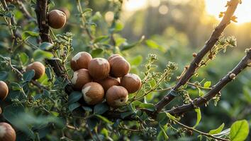 Gathering Hazelnuts on a Branch in Natural Sunlight Setting photo
