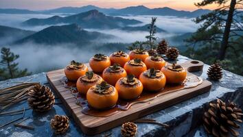 Serving Persimmon Fruits on a Cutting Board with Mountain View photo