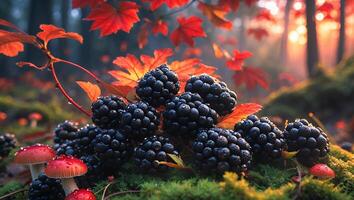 Blackberries and Red Mushrooms on Mossy Ground in Forest Setting photo