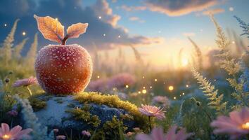 Apple with Sprout Resting on Mossy Stone in Dreamy Meadow photo