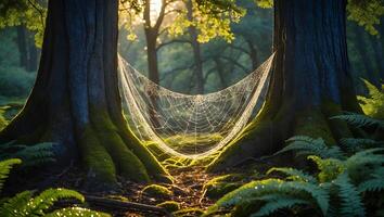 Spiderweb Between Trees Shines in Sunlight in a Lush Forest photo