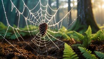 Pinecone Caught in Dew Covered Spiderweb in Forest Sunlight photo