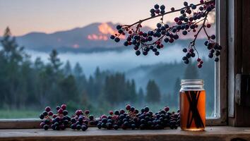 Berries and Jar by Window Overlooking Misty Mountain Forest Landscape photo