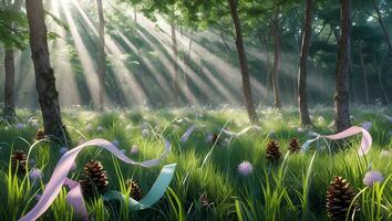 Sunlight Streaming Through Forest with Ribbons, Pine Cones, and Flowers photo