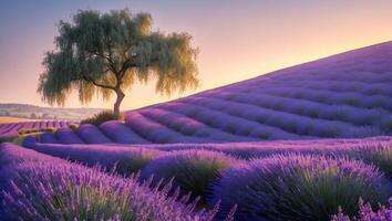 Lavender Field and Tree at Sunset with Soft Golden Light photo