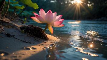Blooming Lotus Flower on Sandy Riverbank at Sunrise for Tranquility photo