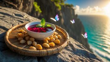 Still Life Bowl with Berries and Nuts at Scenic Seaside View photo