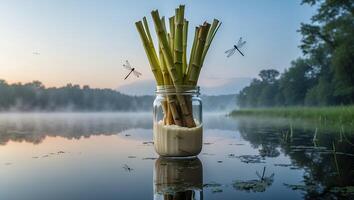Reed Stalks in Jar on Lake with Morning Mist and Dragonflies photo