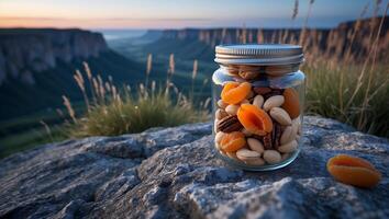 Enjoying Trail Mix in Nature with Scenic Canyon View Background photo