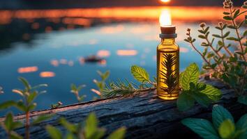 Herbal Essence Oil Bottle on Log with Water and Sunset photo