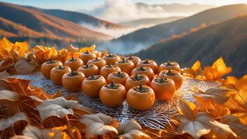 Arrangement of Persimmons with Autumn Leaves in a Mountain Landscape photo