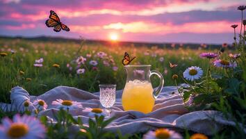 Picnic with Lemonade in a Meadow at Sunset with Butterflies Flying photo