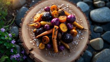 Roasted Root Vegetables with Sea Salt on Rustic Wood Slab photo