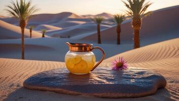 Pitcher of Lemonade on Stone in Desert with Palm Trees photo