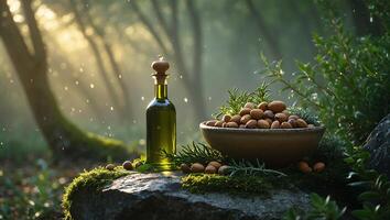 Almond Oil and Nuts Still Life in Forest with Golden Sunlight photo